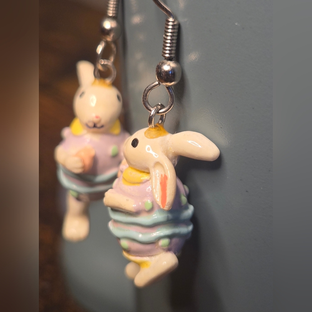Bunnies Dressed As Easter Eggs Dangle Earrings with Pastel Colors - Picture 3 of 8